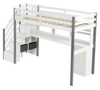 Lit superposé pour enfants - Lit à demi-hauteur - 90 x 200 cm - Bois massif et MDF - Bureau intégré - Espace de rangement avec armoires, étagère et coffres en tissu - Échelle latérale - Blanc/Gris