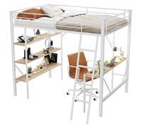 Lit superposé pour enfants - Lit avec bureau intégré - 90 x 200 cm - Fabriqué en MDF et en métal - Avec espace de rangement - 3 grands étagères - Blanc