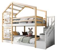 Lit superposé pour enfants - Lit cabane - 90 x 200 cm - Avec escalier - Tiroir de rangement - Barrières de sécurité - Fenêtre - Finition naturelle/blanc