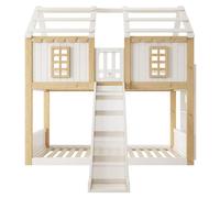 Lit superposé pour enfants - Lit-cabane - 90 x 200 cm - Avec toboggan et échelle - Protection anti-chute à 360° - En bois - Blanc