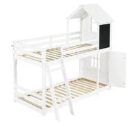 Lit superposé pour enfants - Lit cabane - 90 x 200 cm - Petite porte - Table - Fenêtre et toit - Escalier à trois marches - Blanc