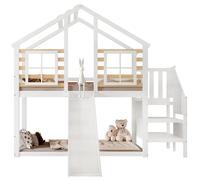 Lit superposé pour enfants - Lit cabane - Bois - Escalier - Barrière de sécurité - Toboggan - Espace de rangement - Blanc