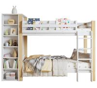 Lit superposé pour enfants - Lit combiné - 90 x 200 cm - Bois massif/MDF - Escalier à 4 marches - 6 étagères ouvertes - Armoire latérale - Barrière de sécurité avec système anti-chute