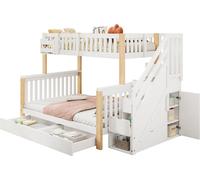 Lit superposé pour enfants, lit double, lit d'enfant multifonctionnel avec panier de rangement, avec tiroir, avec armoire en escalier, avec armoire de rangement, sans matelas, blanc + couleur naturell