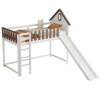 Lit superposé pour enfants - Lit enfant - 90 x 200 cm - Avec toit et fenêtre - Escalier droit à trois marches - Avec toboggan - Bois massif et MDF - Blanc/Noyer