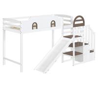 Lit superposé pour enfants - Lit superposé combiné - 90 x 200 cm - Avec fenêtre - Avec toboggan - Escalier avec rampe - 2 rangements intégrés - Blanc