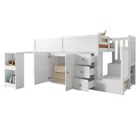 Lit superposé pour enfants - Lit superposé multifonctionnel 90 x 200 cm - Bureau escamotable - Espace de rangement - Escalier avec armoire de rangement - MDF - Blanc