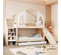 Lit superposé pour enfants Merax 90 x 200 cm avec fenêtres cintrées et échelle de rangement, lit maison avec toboggan et tiroirs, lit double en bois, bois