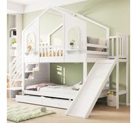 Lit superposé pour enfants Merax 90 x 200 cm avec fenêtres incurvées et échelle de rangement, lit cabane avec toboggan et tiroirs, lit double en bois, blanc