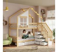 Lit superposé pour enfants Merax 90 x 200 cm avec tiroirs, lit en forme de maison avec escalier et rampes, lit mezzanine avec rangements et fenêtres, pin et MDF, finition naturelle