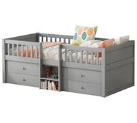 Lit superposé pour enfants, modèle bas - Lit mezzanine pour enfants - 4 tiroirs - Barrière de sécurité - Échelle d'accès - Bois massif de pin - 90 x 200 cm - Gris/Pin