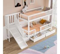 Lit superposé pour enfants, modèle double, multifonctionnel avec toboggan et escaliers, 2 tiroirs et porte magnétique, sans matelas, en bois massif, blanc, 90x200 cm