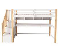 Lit superposé pour enfants - Structure de lit haute - Grand bureau - Étagères ouvertes - Espace de rangement - Structure en bois - Design moderne