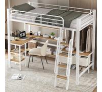Lit superposé pour enfants - Structure en bois - Bureau intégré - Étagère avec 4 niveaux - Escalier incliné - Barrière de sécurité - Pour matelas de 90 x 200 cm