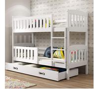 Lit superposé QUBA 90x190 Bois Massif, Pin, Barrière de sécurité, Sommier, Tiroir, Séparable en 2 lit (Blanc+Blanc), Interbeds