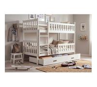 Lit superposé QUBA 90x200 Bois Massif, Pin, Barrière de sécurité, Sommier, Tiroir, Enfant, Séparable en 2 lit Blanc, Interbeds
