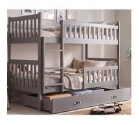 Lit superposé QUBA 90x200 Bois Massif, Pin, Barrière de sécurité, Sommier, Tiroir, Séparable en 2 lit (Gris+Blanc), Interbeds