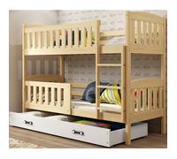 Lit superposé QUBA 90x200Bois Massif, Pin, Barrière de sécurité, Sommier, Tiroir, Enfant, Séparable en 2 lit (Pin+Blanc), Interbeds