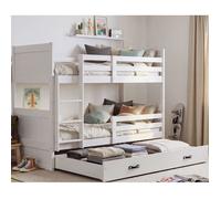 Lit superposé Séparable 90x190 cm RICO Blanc - Bois massif de pin, 2 lits simples, Barrière de sécurité, Sommiers & Tiroir inclus