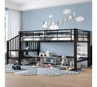Lit superposé - Structure de lit - Lit superposé à hauteur intermédiaire - Lit superposé - Lit pour enfant - 90x200 cm - Échelle de rangement noire