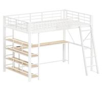 Lit superposé - Structure de lit métallique haute - 140 x 200 cm - Bureau intégré - Panier de rangement et étagères - MDF et métal - Blanc - Matelas non inclus