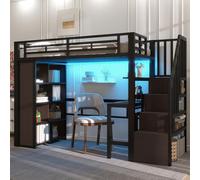Lit superposé, structure en métal, avec bureau, étagère, éclairage LED, escaliers avec espace de rangement, sans matelas, dimensions 90x200 cm, couleur noire