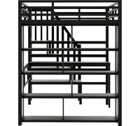 Lit superposé, structure en métal, avec bureau, étagère, éclairage LED, escaliers avec espace de rangement, sans matelas, dimensions 140x200 cm, couleur noire