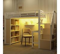Lit superposé, structure en métal, avec bureau, étagère, éclairage LED, escaliers avec espace de rangement, sans matelas, dimensions 90x200 cm, couleur blanche