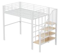 Lit superposé - Structure stable en métal et en bois - Espace de rangement sous le lit - Équipé d'un escalier - Dimensions : 140 x 200 cm - Blanc