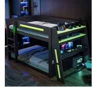 Lit superposé style Gaming 140x200 cm en Pin massif + MDF avec Poste de Travail LED Bande Lumineuse Port USB Rangemen LIT MEZZANINE