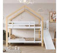 Lit superposé Sweiko avec toboggan et échelle d'accès en angle à trois marches, lit de maison avec sécurité anti-chute, lit d'enfant, cadre de lit en bois massif, blanc+naturel, 90x200cm