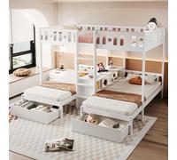 Lit superposé triple 140 x 200 cm et 2 x 90 x 200 cm, en bois massif, avec tiroirs et espace de rangement, blanc. Lit d'enfant haut de gamme. Lit triple peu encombrant pour 3 personnes.