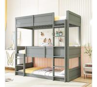 Lit superposé triple 90x200 cm avec 3 couchages, barrières de sécurité hautes et sommier à lattes en bois massif, lit pour enfants gain de place, convertible, en bois, de couleur grise