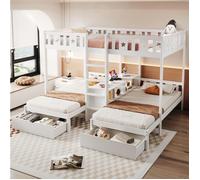Lit superposé triple enfant blanc 140 x 200 cm + 2 x 90 x 200 cm avec échelle, 2 tiroirs et rangement central