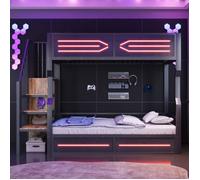Lit superposés mezzanine enfant métal 90 x 200 cm avec toboggan escalier rangement porte sécurisée intégrées gain de place noir chic