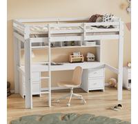 Lit surélevé avec bureau et grand espace de rangement pour enfants - sûr et peu encombrant - 90x200cm,Blanc
