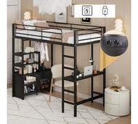 Lit surélevé avec bureau & USB, construction métallique stable, étagères ouvertes, sécurité enfant avec garde-corps et échelle, gain de place, 90x200cm, noir