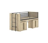 Lit Surélevé Combiné 90x200cm Plateau coulissant avec Rangements 2P Aspect Chêne - MARCO -