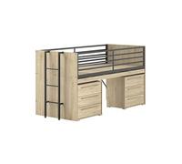 Lit Surélevé Combiné 90x200cm Plateau coulissant avec Rangements 3T Aspect Chêne - MARCO -