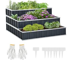 Lit surélevé en acier Outsunny Lit de jardin à 3 niveaux avec panneaux en forme de T Gants pour plantes Lit de plantes Herbier Escalier à fleurs pour balcon Jardin Gris foncé 118 x 118 x 62 cm
