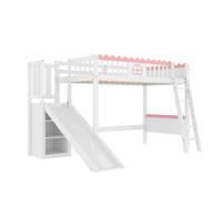 Lit surélevé, lit simple(sans matelas), lit d'enfant, avec lumières LED, avec étagères, avec toboggan, EN747, bois de pin, 90x200cm, blanc,