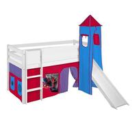 Lit surélevé ludique JELLE avec toboggan 90x200 avec rideaux SPIDERMAN2 et tour - LILOKIDS - blanc laqué