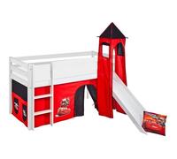 Lit surélevé ludique JELLE Disney Cars - avec rideaux, tour et toboggan - LILOKIDS - blanc laqué