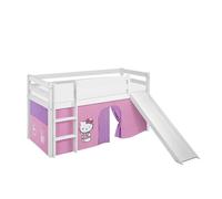 Lit surélevé ludique JELLE Hello Kitty lilas - avec rideaux et toboggan - LILOKIDS - blanc laqué