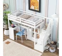 Lit surélevé pour enfants avec bureau, tiroirs & espace de rangement, sûr & durable, certificat EN747 inclus, 90x200cm, blanc