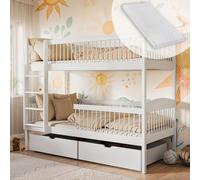 Lit surélevé pour enfants, lit superposé, lit d'enfant | Incl. 2 matelas, 2 tiroirs, sûr & fonctionnel | Tailles : 80x180, 90x190, 90x200 cm | 80x180 cm de la 3e à la 12e année | Blanc