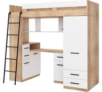 Lit surélevé SMYK L Lit superposé Ensemble chambre à coucher Bureau Armoire Étagère Chêne Sonoma Blanc