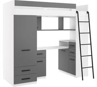 Lit surélevé SMYK R Lit superposé Ensemble chambre à coucher Bureau Armoire Étagère Blanc Graphite