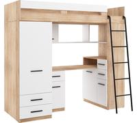 Lit surélevé SMYK R Lit superposé Ensemble chambre à coucher Bureau Armoire Étagère Chêne Sonoma Blanc