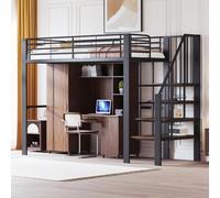 Lit surélevé Sweiko 90 x 200 Construction métallique stable avec espace de rangement spacieux sous le lit et escalier Idéal pour les enfants et les adultes Lit de rangement pour une efficacité maximal